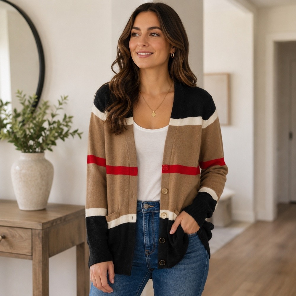 Burberry London England Womens XS Striped Button Front Cardigan Black Camel Red